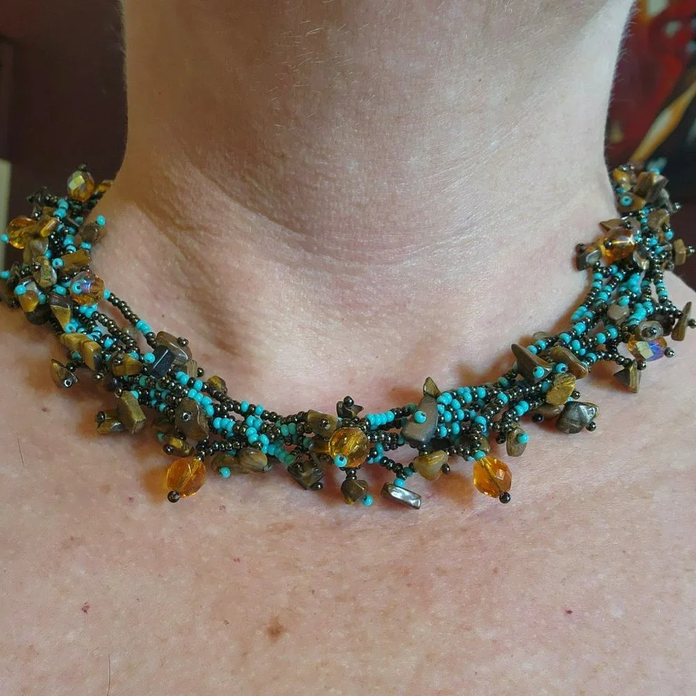 Artisan Turquoise Amber Tiger Eye 6 Strand Beaded Statement Collar Necklace